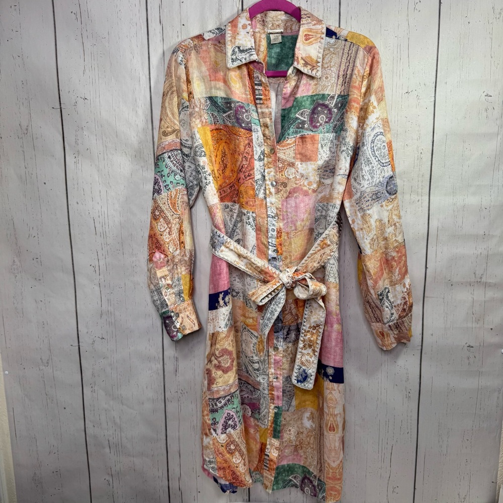 Magaschoni 100% Linen Shirt Dress Patchwork Paisley Sustainable Artsy Size L